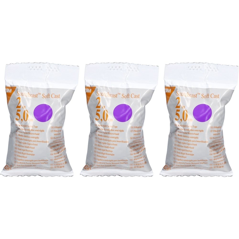 Drei Beutel mit 3M Scotchcast Soft Cast. Jeder Beutel hat einen lila Kreis und Text. 2,5 und 5,0 sind sichtbar.