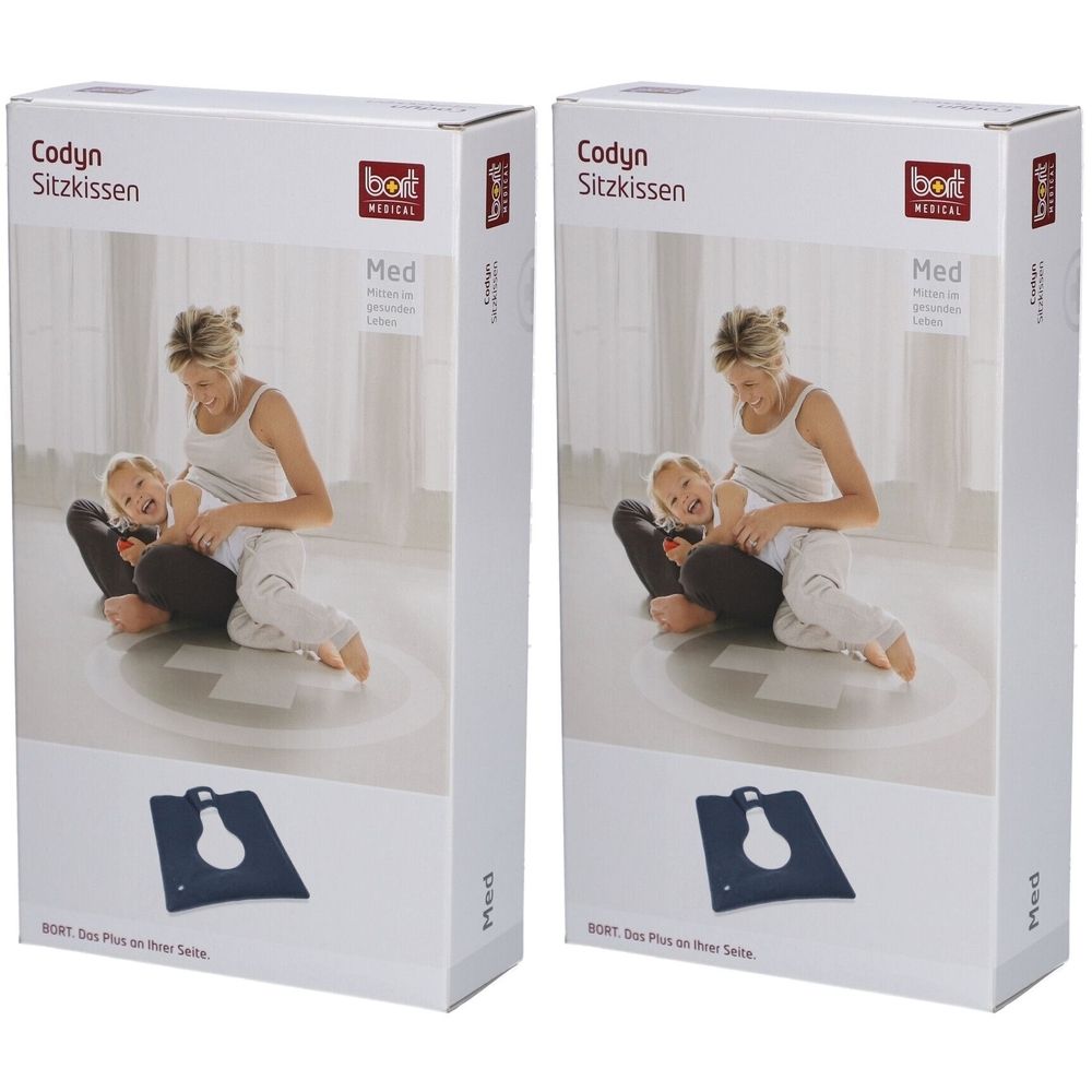 Deux boîtes de produit. Impression : Codyn Sitzkissen, bort medical. Illustration : femme et enfant sur coussin. En bas : image du coussin.