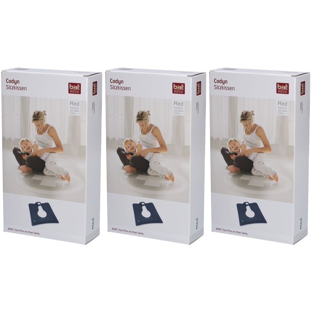 Trois boîtes de produit. Impression : Coussin Codyn, femme et enfant sur coussin. Logo : bort medical. Med.