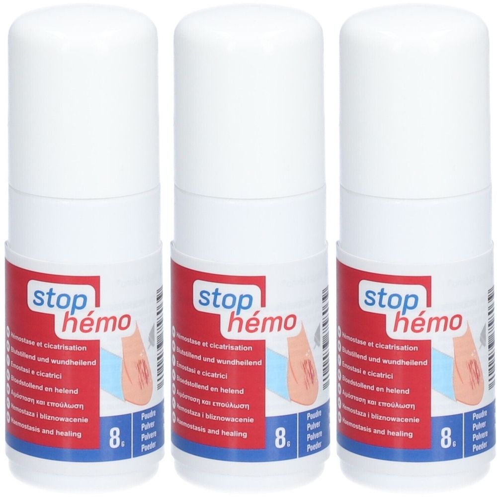 Drei weiße Zylinder mit roter und blauer Banderole. Aufschrift: stop hémo. Text: Hämostase und Wundheilung. 8g.