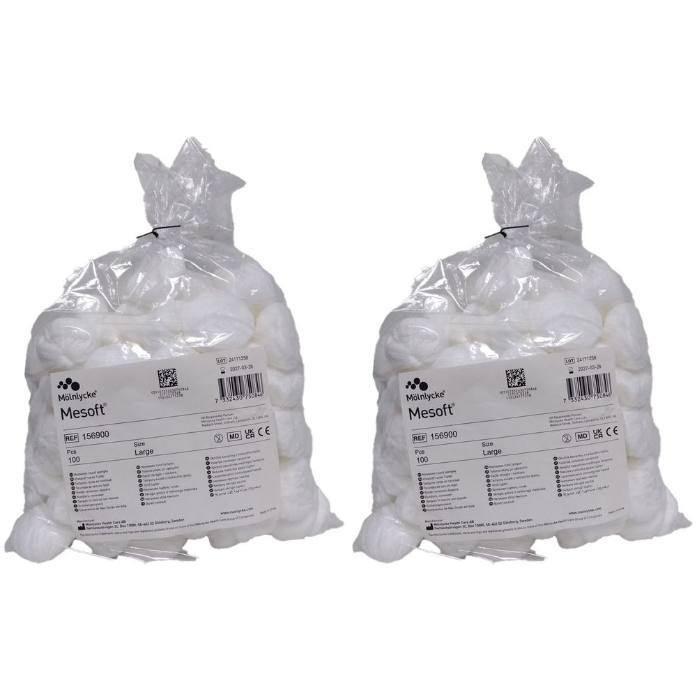 Zwei Beutel mit weißen Wattebällchen. Auf den Beuteln ist das Logo und der Name Mesoft zu sehen. Aufschrift: 100 Stück.