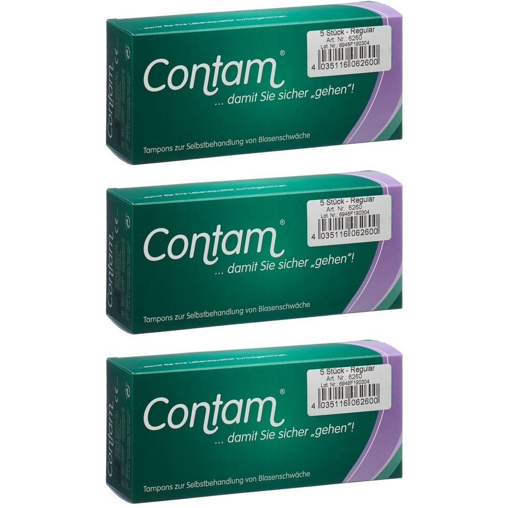 Drei grüne Schachteln mit dem Produktnamen Contam. Auf jeder Schachtel steht "...damit Sie sicher gehen!" und "Tampons zur Selbstbehandlung von Blasenschwäche".