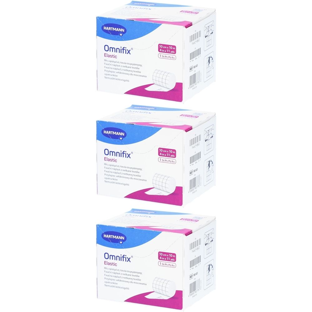 Trois boîtes de pansement adhésif élastique Omnifix. Chaque boîte affiche le produit, la marque Hartmann et la taille 10 cm x 10 m.