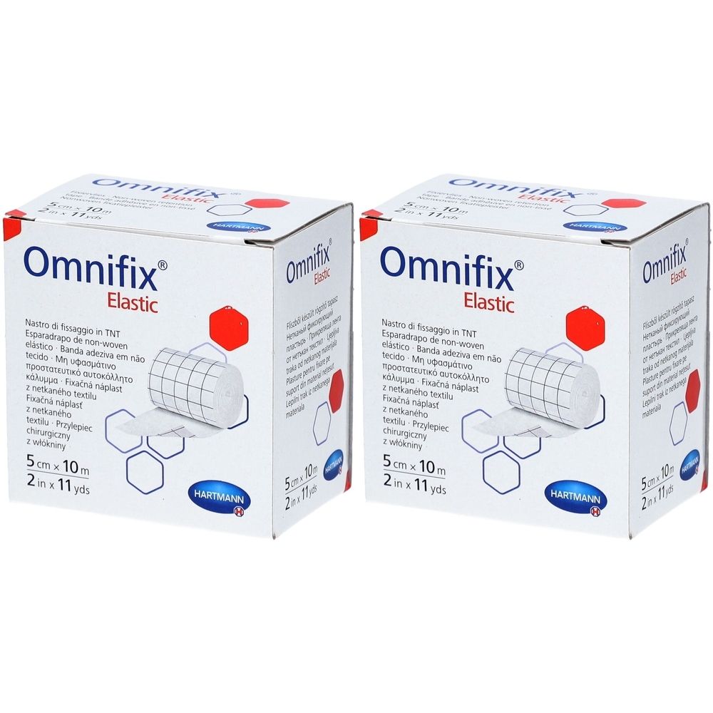 Deux boîtes de Omnifix Elastic. Impression : 5 cm x 10 m. Marque Hartmann. Image du produit et texte en plusieurs langues.
