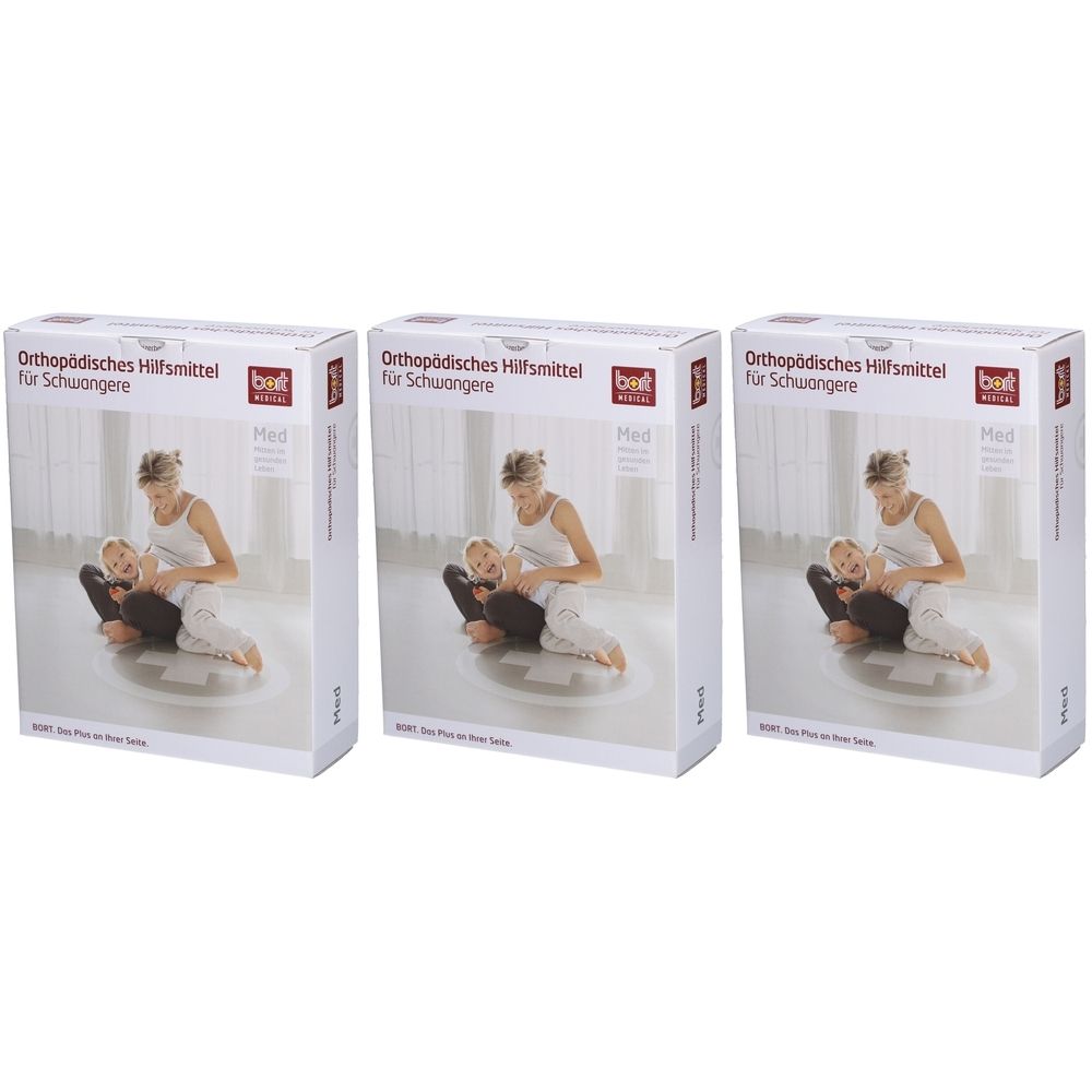 Drei Produktverpackungen. Aufschrift: Orthopädisches Hilfsmittel für Schwangere. Marke: bort. Bild zeigt Frau und Kind.