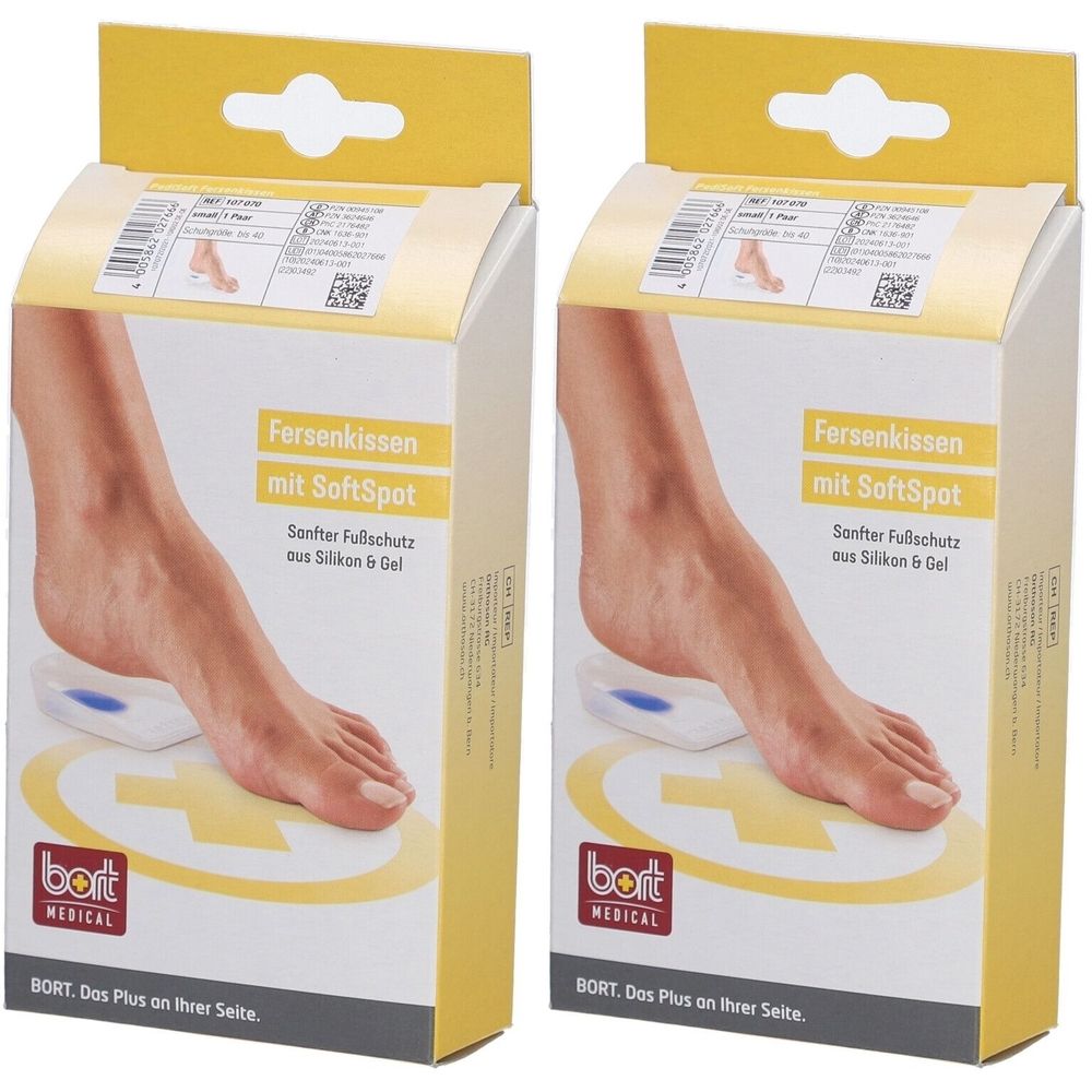 Deux boîtes de coussinets pour talons. Inscription : Fersenkissen mit SoftSpot, protection douce du pied en silicone et gel. Marque : bort MEDICAL.