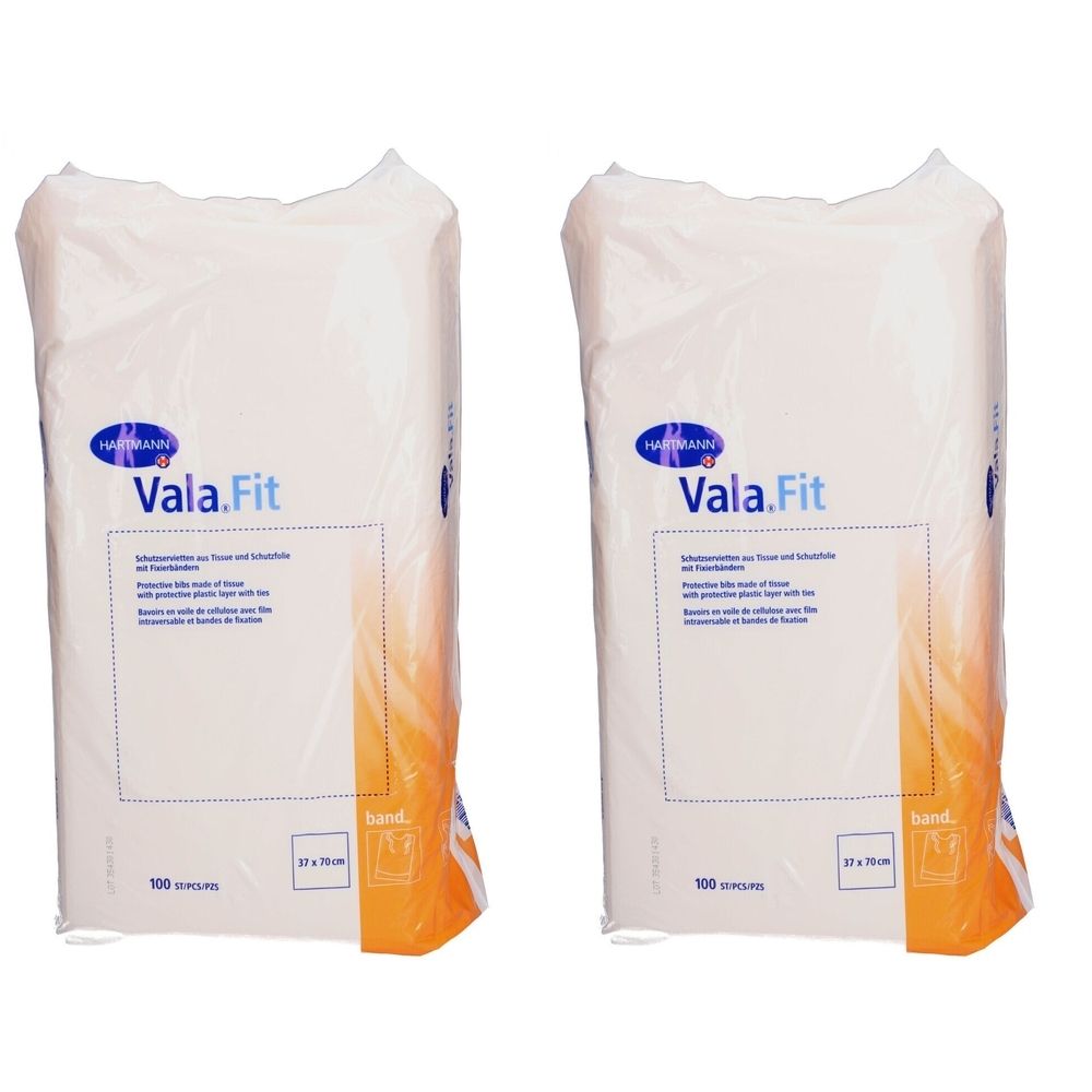 Deux paquets de bavoirs jetables Vala.Fit. Emballage blanc avec logo et informations sur le produit. Taille : 38 x 70 cm.