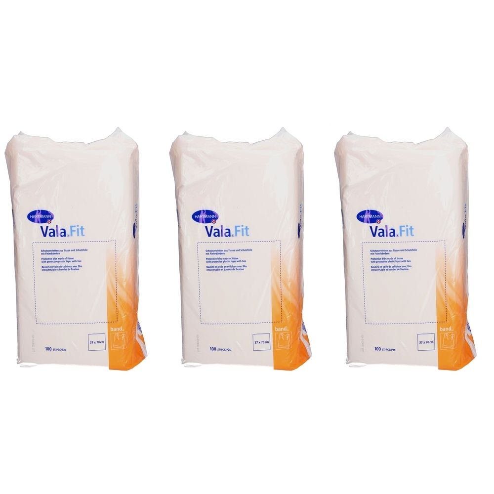 Trois paquets de bavoirs jetables Vala®Fit. Emballage blanc avec logo et informations produit. Dimensions : 38 x 70 cm.