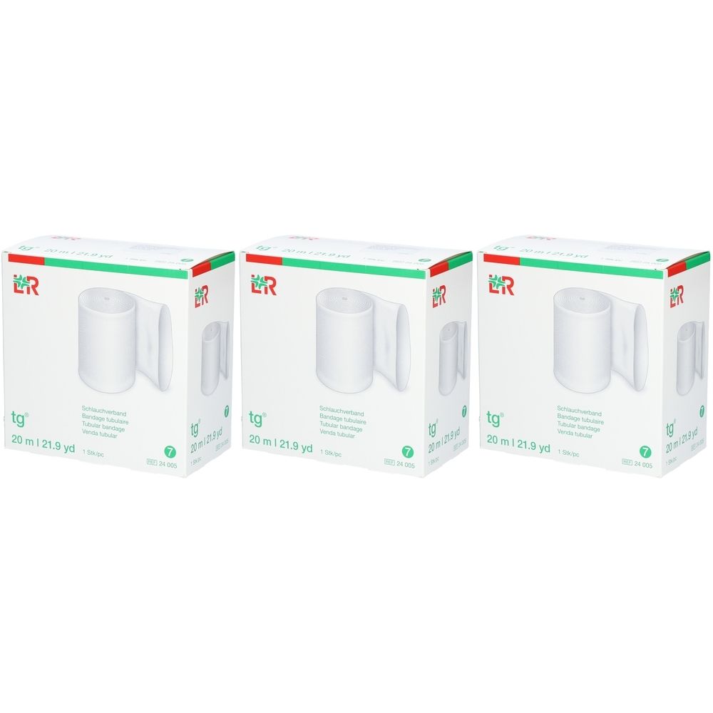 Drei weiße Kartons mit tg®-Schlauchverband. Aufdrucke: 20 m, 7 cm. Grün-rotes Logo. Produktverpackung.