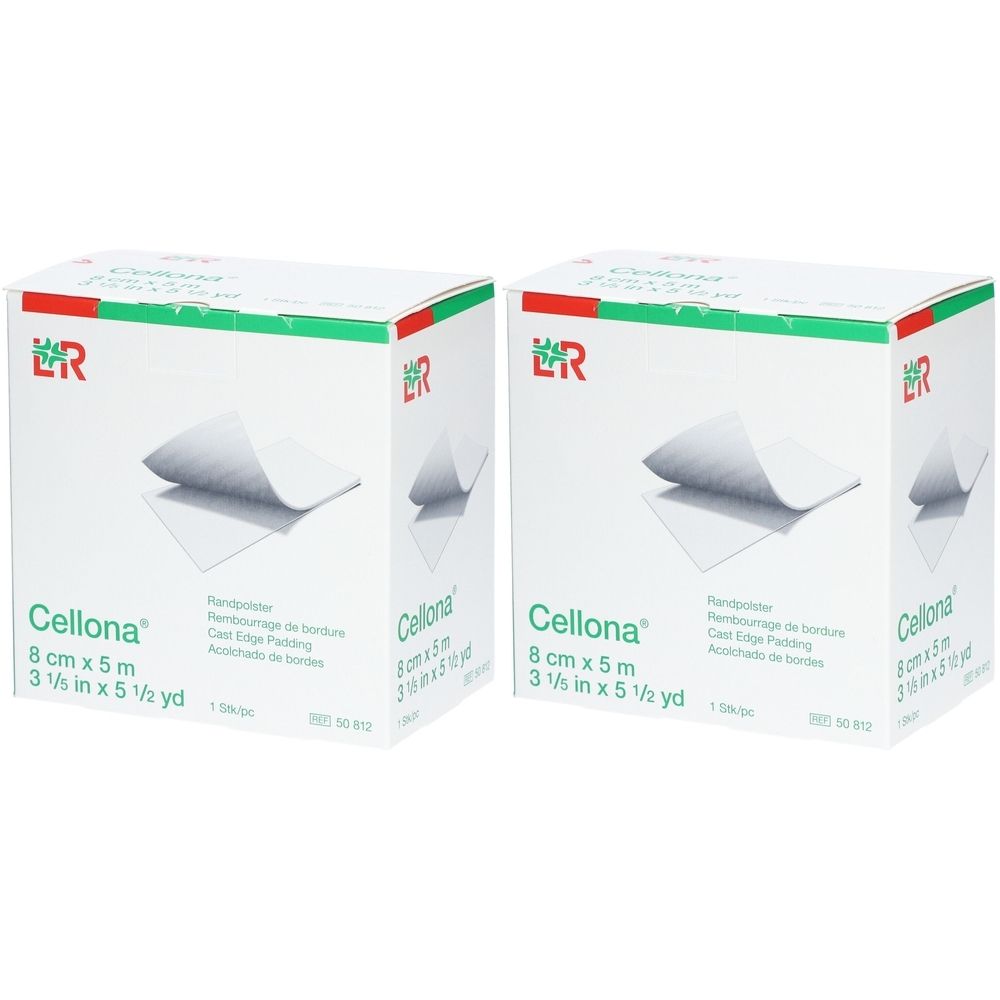 Zwei Kartons Cellona Randpolster. Aufdruck: 8 cm x 5 m. Logo ER. Produktabbildung auf der Verpackung.