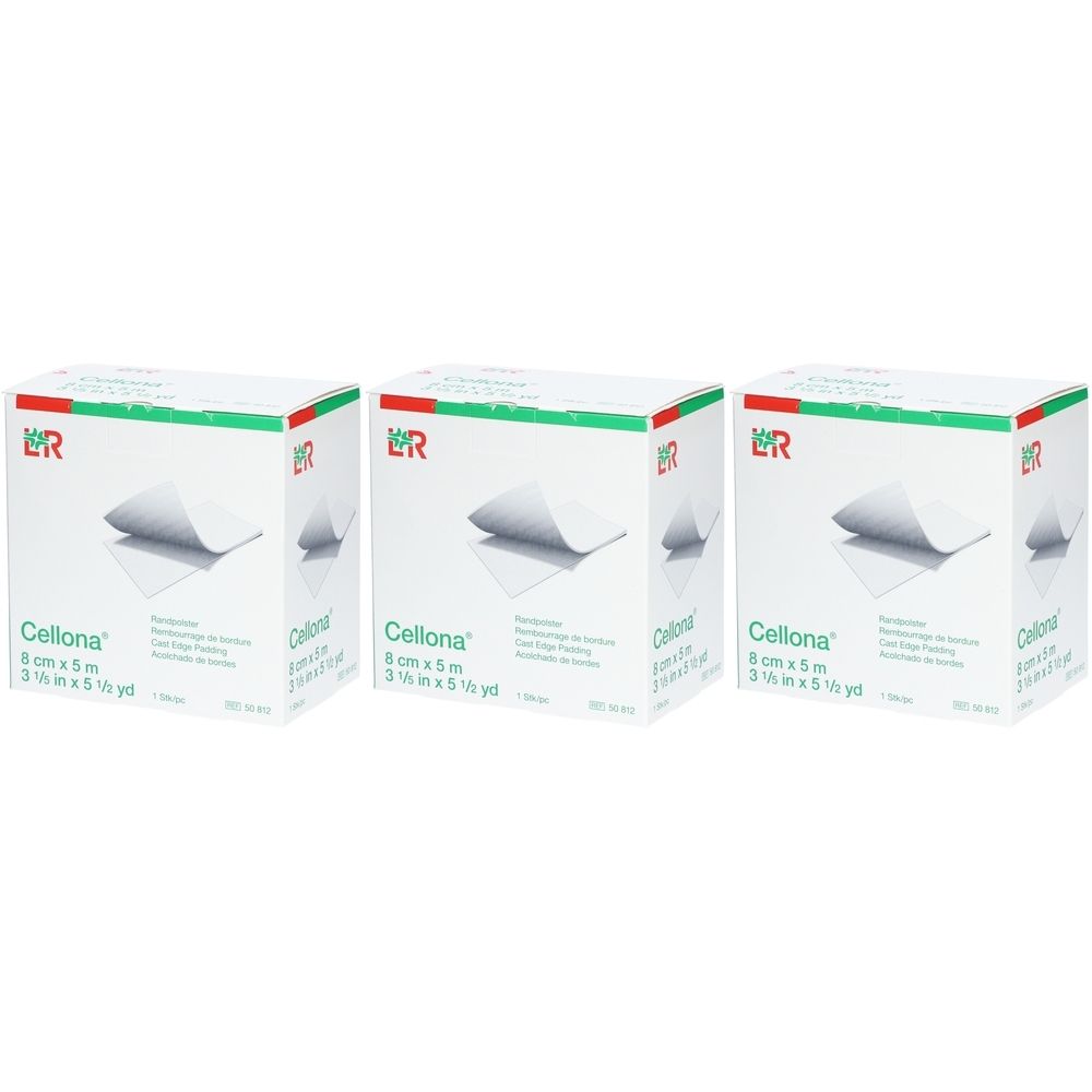 Drei Kartons Cellona Randpolster. Aufdruck: 8 cm x 5 m. Grün-weiße Verpackung mit Produktabbildung.