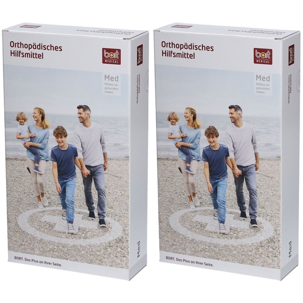 Deux boîtes rectangulaires. Impression : Dispositif médical orthopédique, logo BORT, famille sur la plage. Texte : Med, BORT. Le plus à vos côtés.