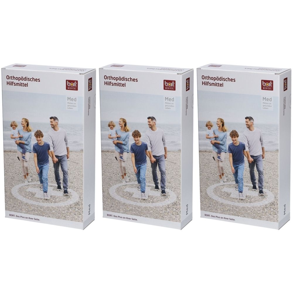 Trois boîtes rectangulaires. Impression : Dispositif médical, logo, famille sur la plage. Texte : Med.
