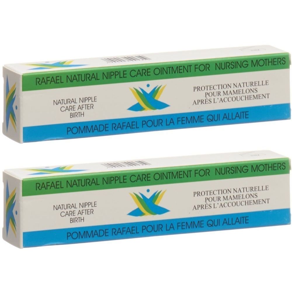 Deux boîtes de pommade RAFAEL pour mamelons. Inscription : Natural Nipple Care Ointment for Nursing Mothers. Vert, bleu et blanc.
