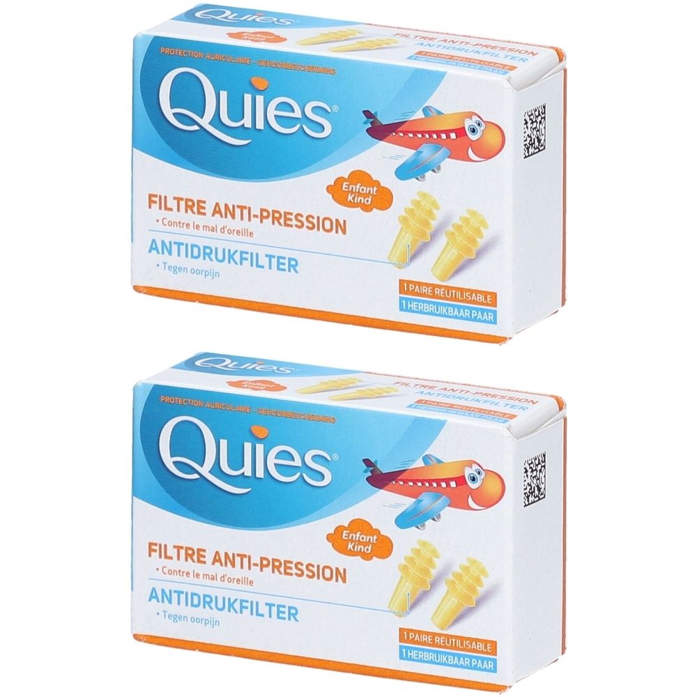 Zwei Packungen Quies Gehörschutz. Blaue und weiße Verpackung mit gelben Ohrstöpseln und einem Flugzeug-Motiv. Text: Filter Anti-Druck.