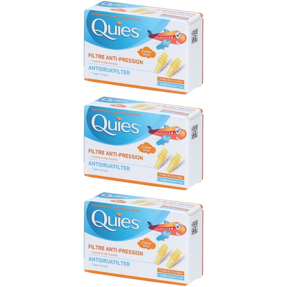 Drei Packungen Quies Gehörschutz. Jede Packung zeigt ein Flugzeug-Motiv und enthält Ohrstöpsel. Text: Filtre Anti-Pression, Antidrukfilter.