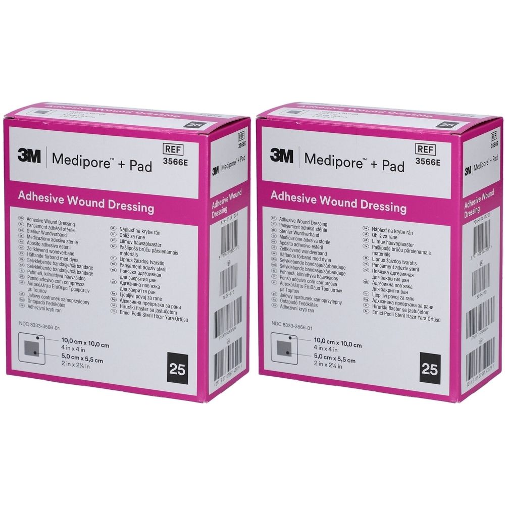 Zwei Packungen 3M Medipore + Pad, rosa-weiß. Aufschrift: Adhesive Wound Dressing. Größe: 10,0 x 10,0 cm. Packung mit 25 Stück.