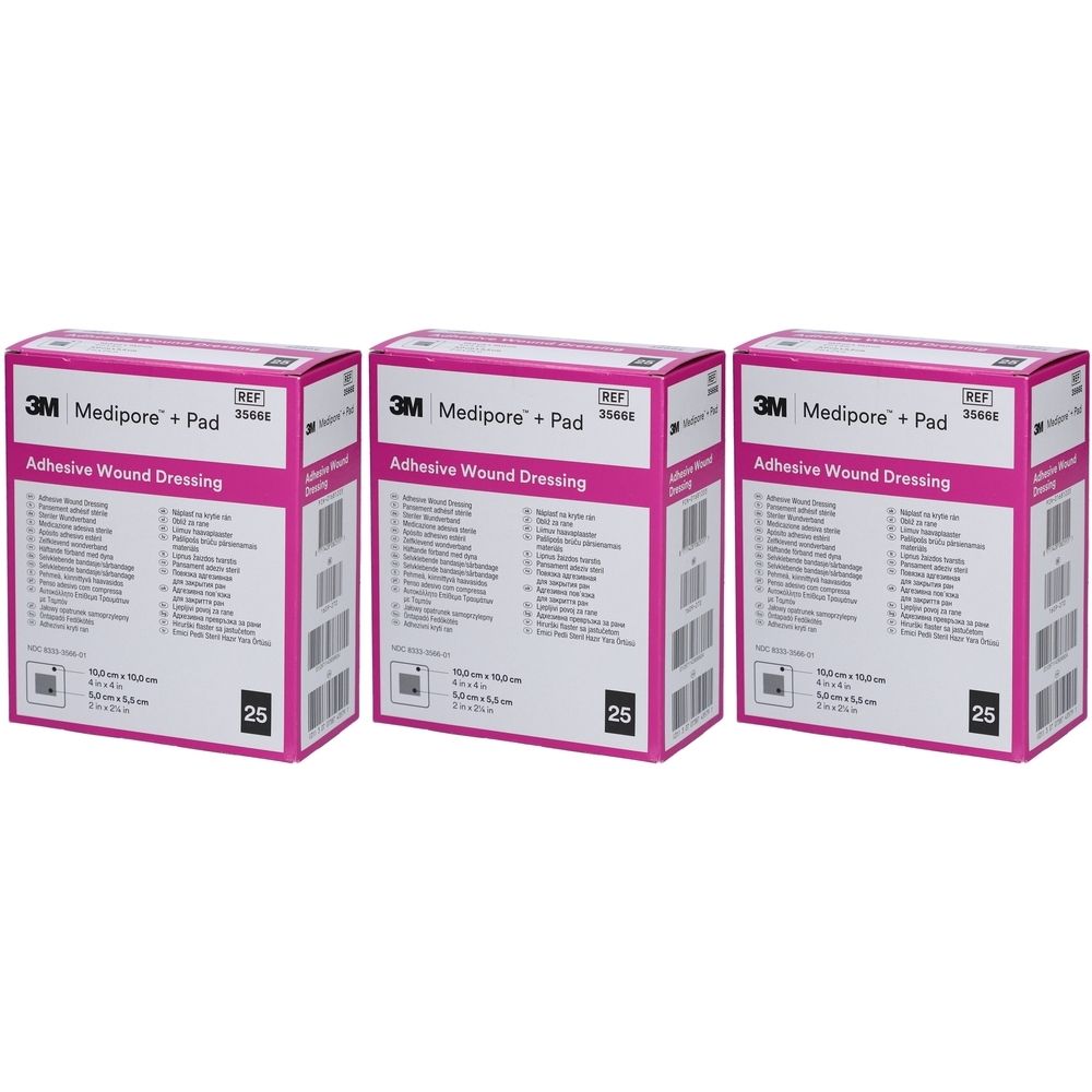 Drei Schachteln mit 3M Medipore + Pad Wundverbänden. Rosa und weiße Verpackung mit Produktinformationen und der Aufschrift "25".