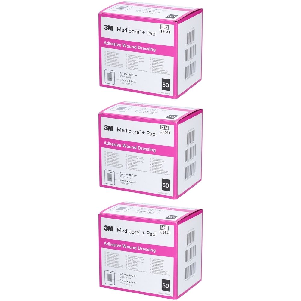 Drei Kartons mit 3M Medipore + Pad Wundverbänden. Rosa und weiße Verpackung mit Produktinformationen und der Zahl 50.