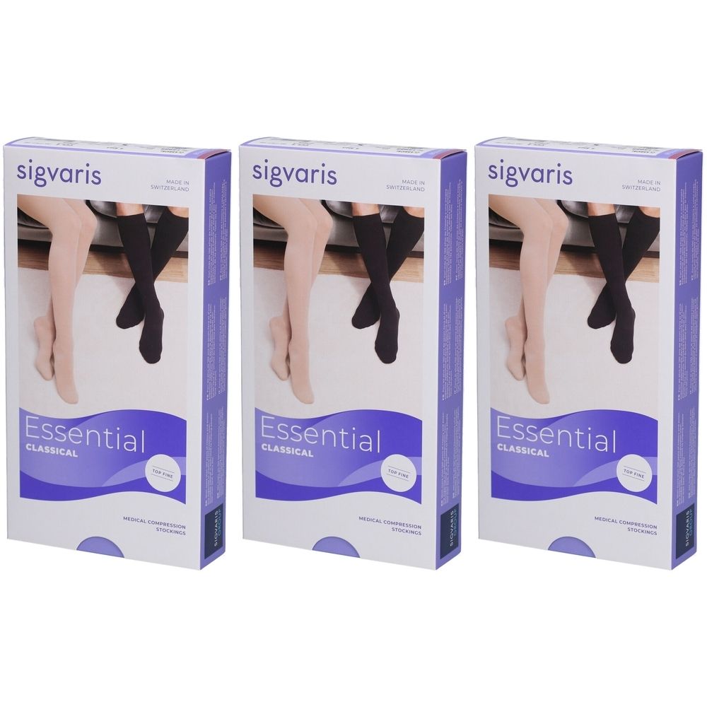 Drei Verpackungen mit Kompressionsstrümpfen. Aufschrift: sigvaris Essential Classical. Abbildung von Beinen mit Strümpfen.