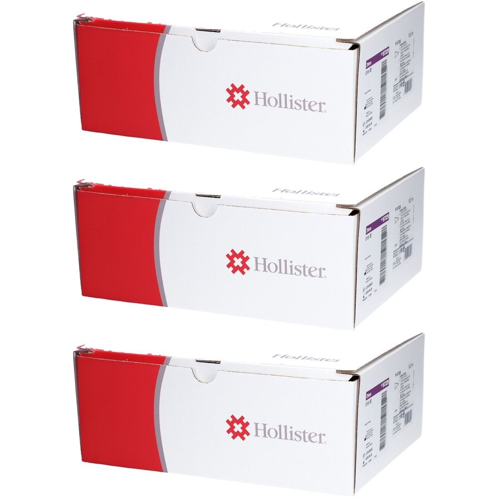 Drei weiße Kartons mit roter Ecke. Aufdruck: Hollister-Logo. Seitlich Etikett mit Produktinformationen.