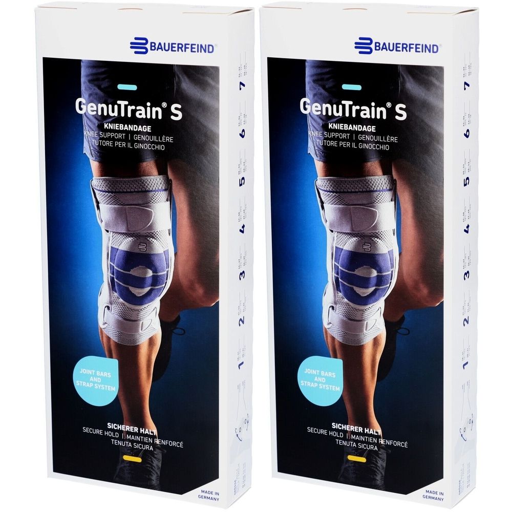 Zwei Verpackungen der Kniebandage GenuTrain S von Bauerfeind. Aufdruck: Kniebandage, sicherer Halt, Größe 3.