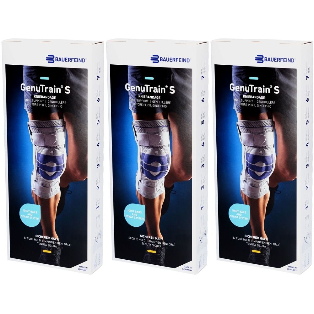Drei Produktverpackungen. Auf jeder Verpackung ist eine Kniebandage abgebildet. Der Markenname BAUERFEIND und der Produktname GenuTrain'S sind sichtbar.