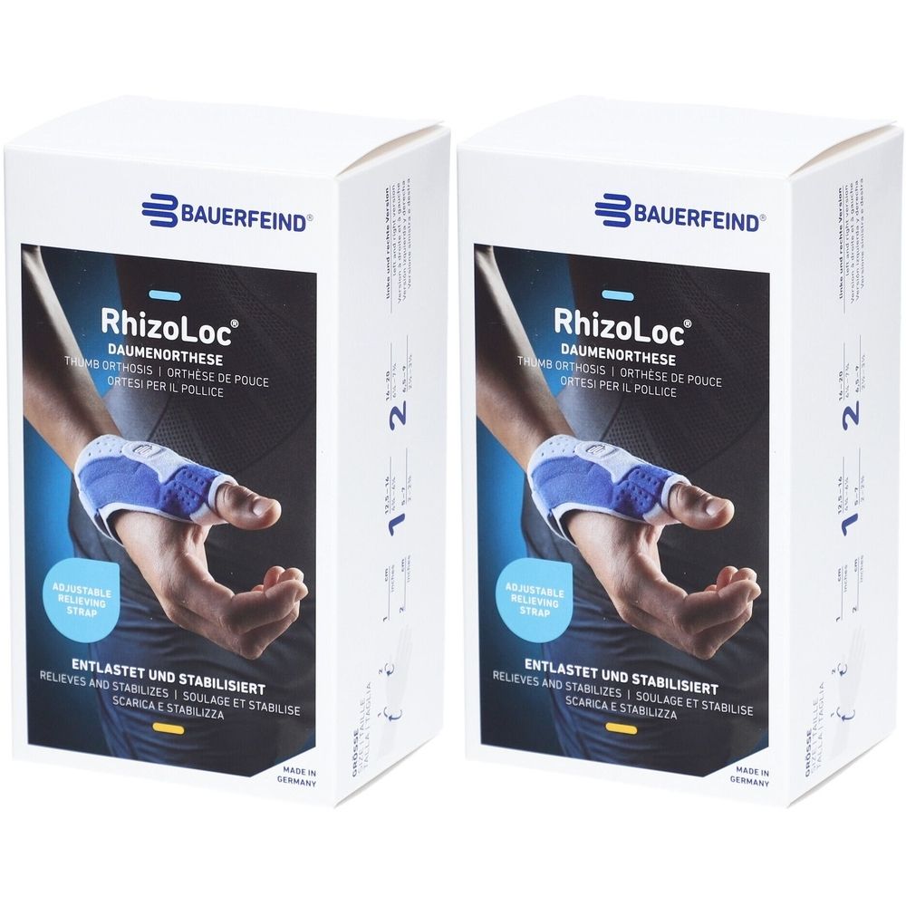 Deux boîtes de produit. Inscription: BAUERFEIND RhizoLoc Daumenorthese. Image d'une main avec une orthèse du pouce.