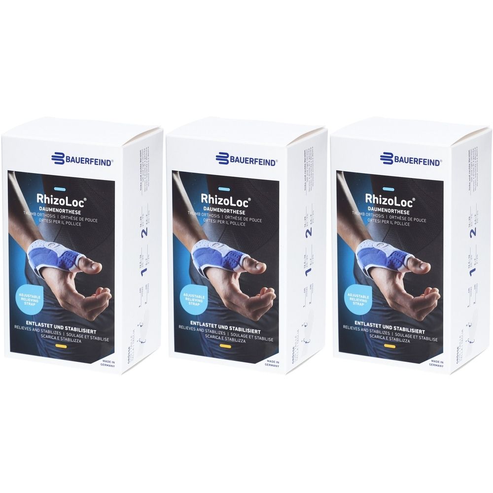 Trois boîtes blanches avec RhizoLoc Daumenorthese. Inscription: BAUERFEIND, image d'une main avec orthèse, taille 1.