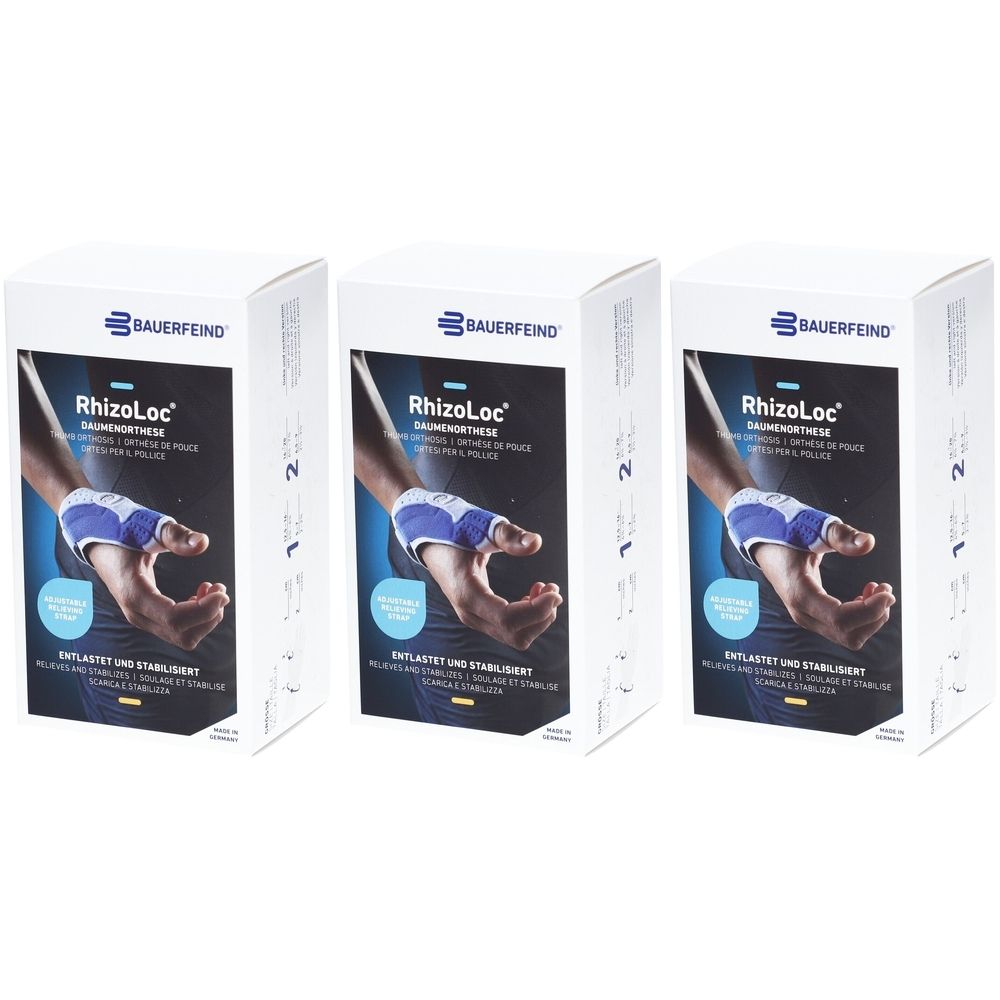 Drei Verpackungen der BAUERFEIND® RhizoLoc® Daumenorthese. Auf jeder Verpackung ist ein Daumenorthese-Modell abgebildet.