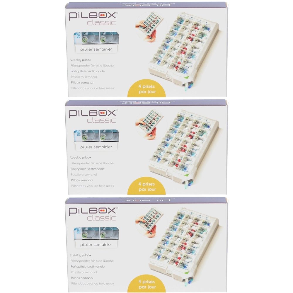 Drei Packungen Medikamentenspender. Weiße Boxen mit Pillenbehältern. Text: PILBOX classic, 4 prises par jour.