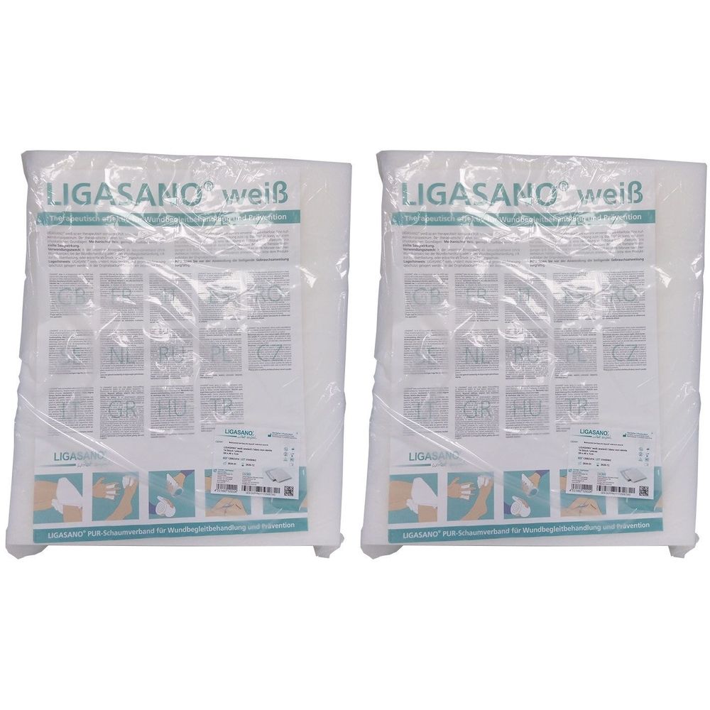 Zwei weiße, rechteckige Schaumstofffolien in Folienverpackung. Aufdruck: LIGASANO weiß. Produktinformationen und Piktogramme.