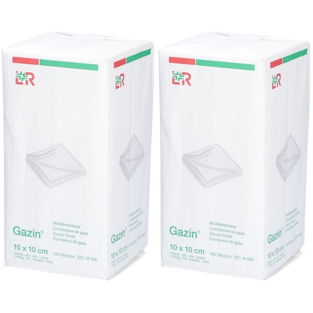 Zwei weiße Gazin Mullkompressen-Verpackungen. Aufdruck: Gazin, 10 x 10 cm. Oben rot-grüner Streifen.