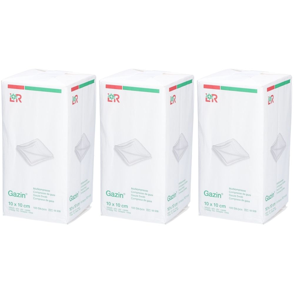 Drei weiße Verpackungen mit Gazin Mullkompressen 10x10cm. Oben grün-rot markiert, mit Logo. Aufdruck: Gazin, 10 x 10 cm.