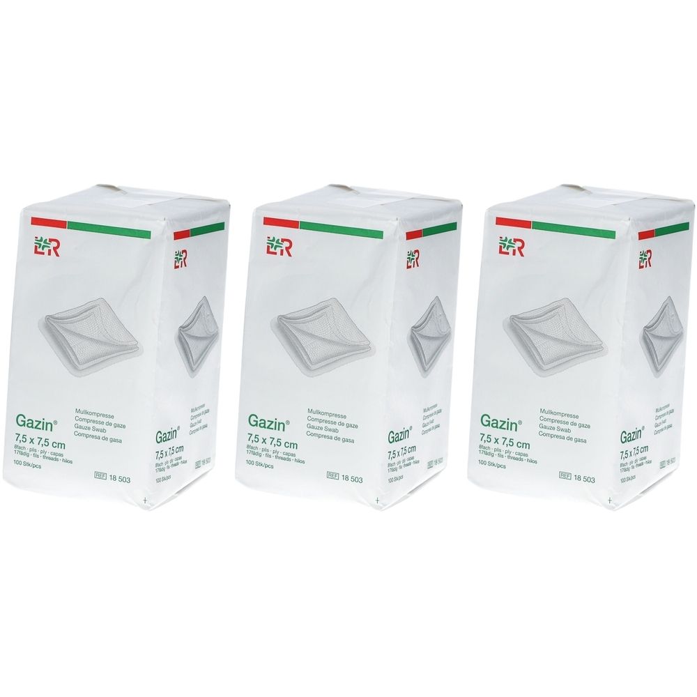 Trois emballages de compresses de gaze Gazin. Chaque emballage affiche le produit, la taille 7,5 x 7,5 cm et le logo.