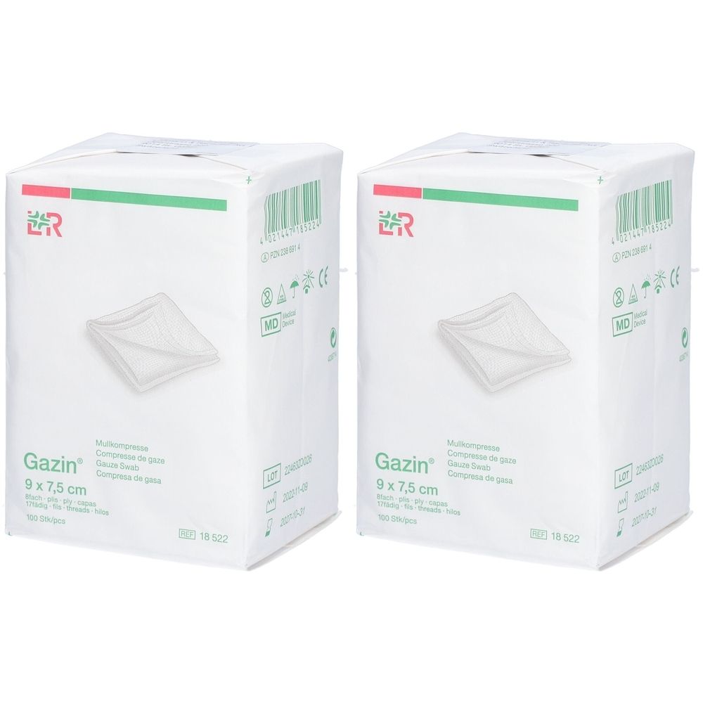 Zwei quadratische weiße Verpackungen mit dem Produktnamen Gazin und der Größe 9 x 7,5 cm. Auf jeder Verpackung ist ein Kompresse abgebildet.