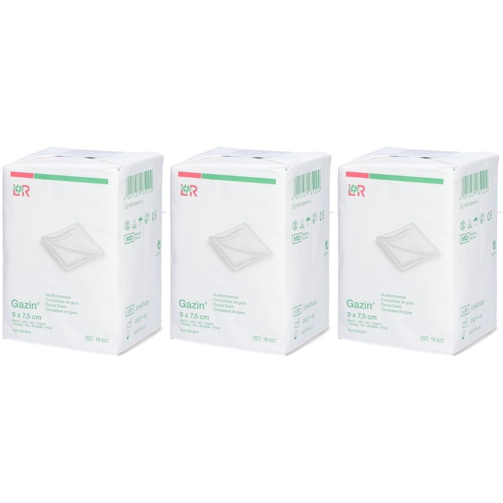 Drei weiße Kartons mit Gazin Mullkompressen. Aufdruck: 9 x 7,5 cm. Logo: I&R. Grün-roter Streifen oben.