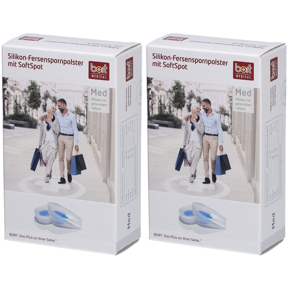 Zwei Produktverpackungen. Aufschrift: Silikon-Fersenspornpolster mit SoftSpot. Marke: bort. Abgebildet sind Fersenspornpolster und ein Paar.