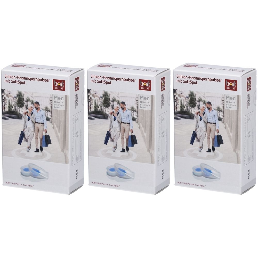 Drei Produktverpackungen. Aufschrift: Silikon Fersenspornpolster mit SoftSpot. Marke: bort medical. Abbildung von Personen. Größe: Med.