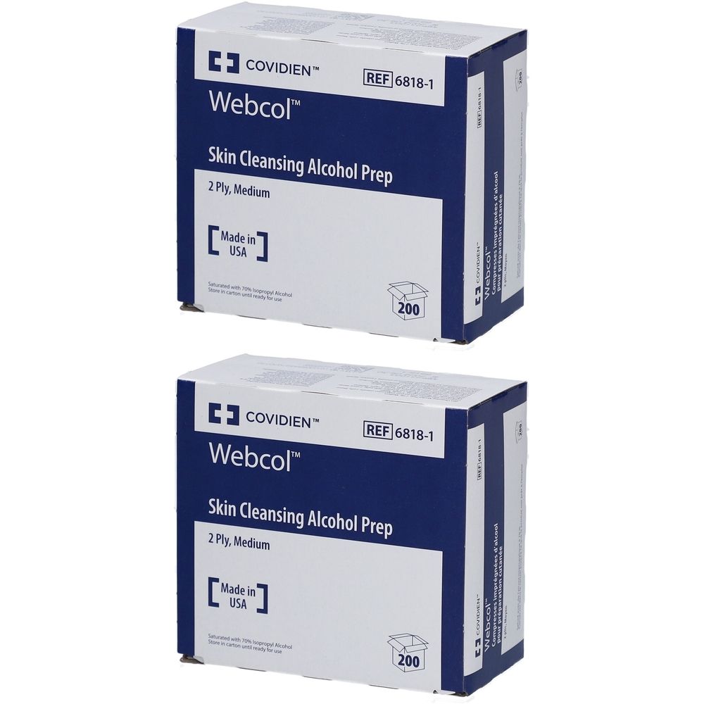 Deux boîtes de "Webcol Skin Cleansing Alcohol Prep". Inscription "2 Ply, Medium" et "200". Marque : Covidien.