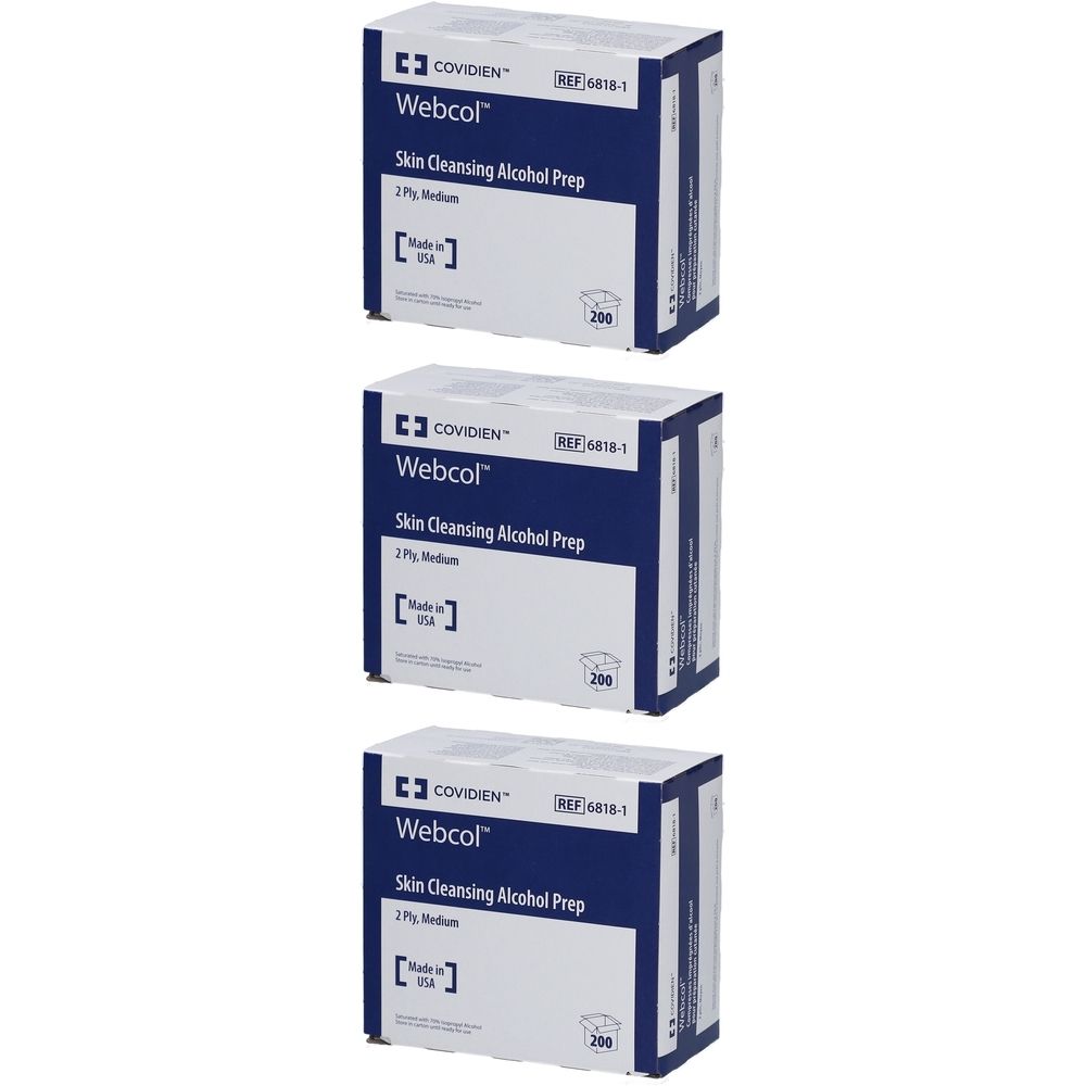 Trois boîtes de tampons alcoolisés "Webcol" pour le nettoyage de la peau. Inscription : "Skin Cleansing Alcohol Prep". Paquet de 200.