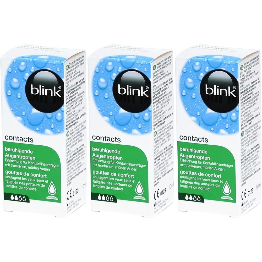 Drei Schachteln mit "blink"-Augentropfen. Blaue Verpackung mit Wassertropfen-Design. Text in Deutsch und Französisch. CE-Kennzeichnung.