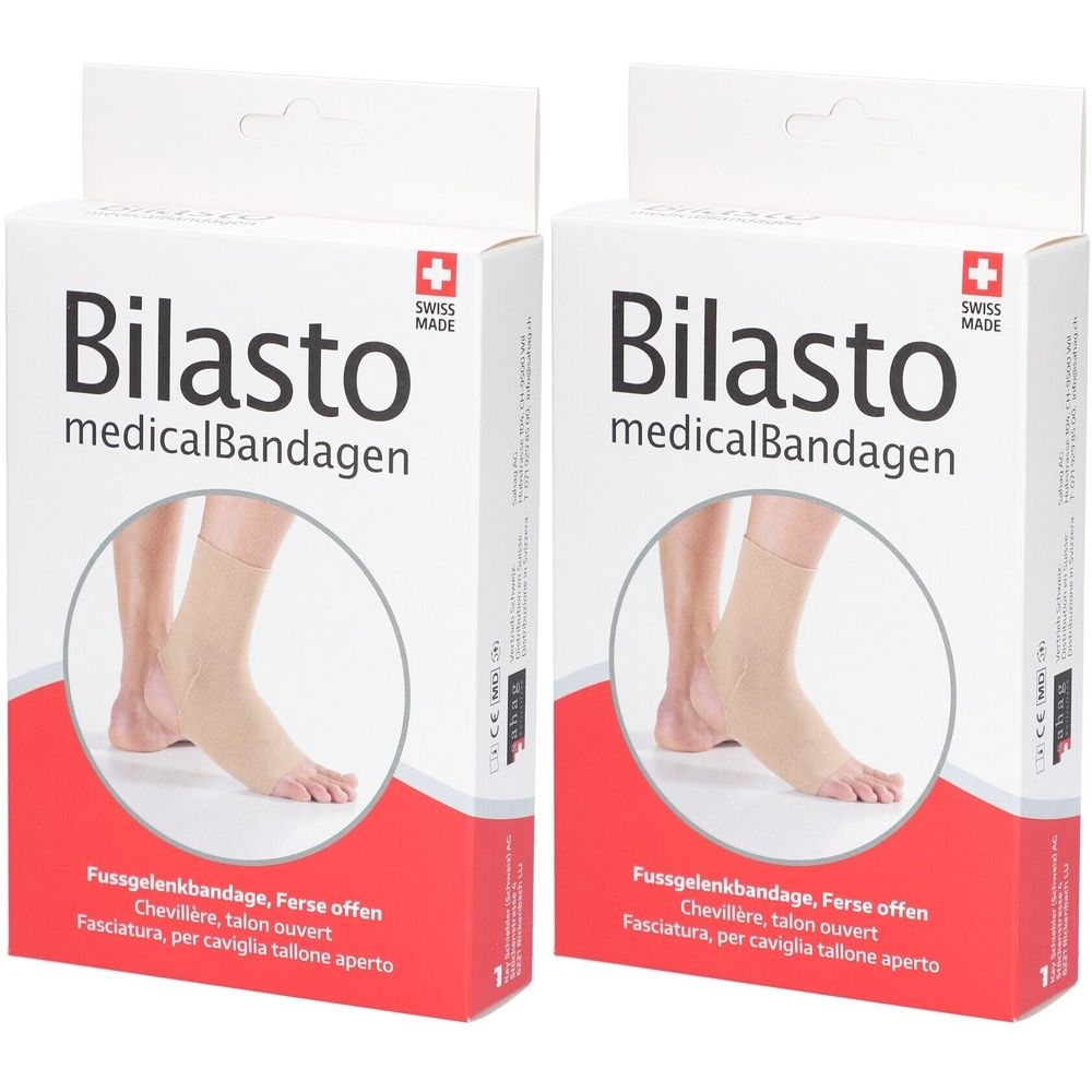 Zwei Packungen Knöchelbandagen. Marke Bilasto, Swiss Made. Aufdruck: medicalBandagen. Rote und weiße Verpackung.