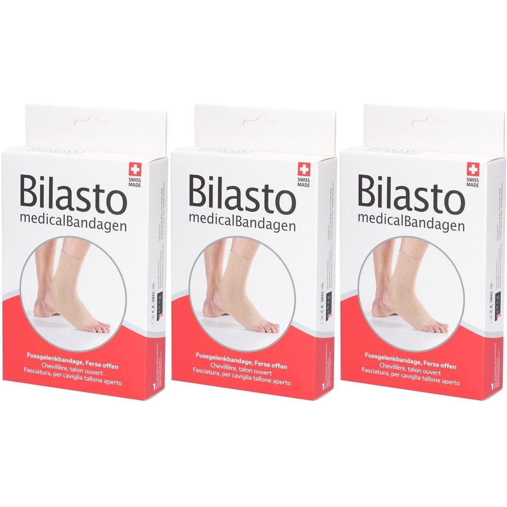 Drei Verpackungen von Bilasto medicalBandagen. Auf jeder Verpackung ist ein Fuß mit offener Ferse abgebildet. Rote und weiße Verpackung.