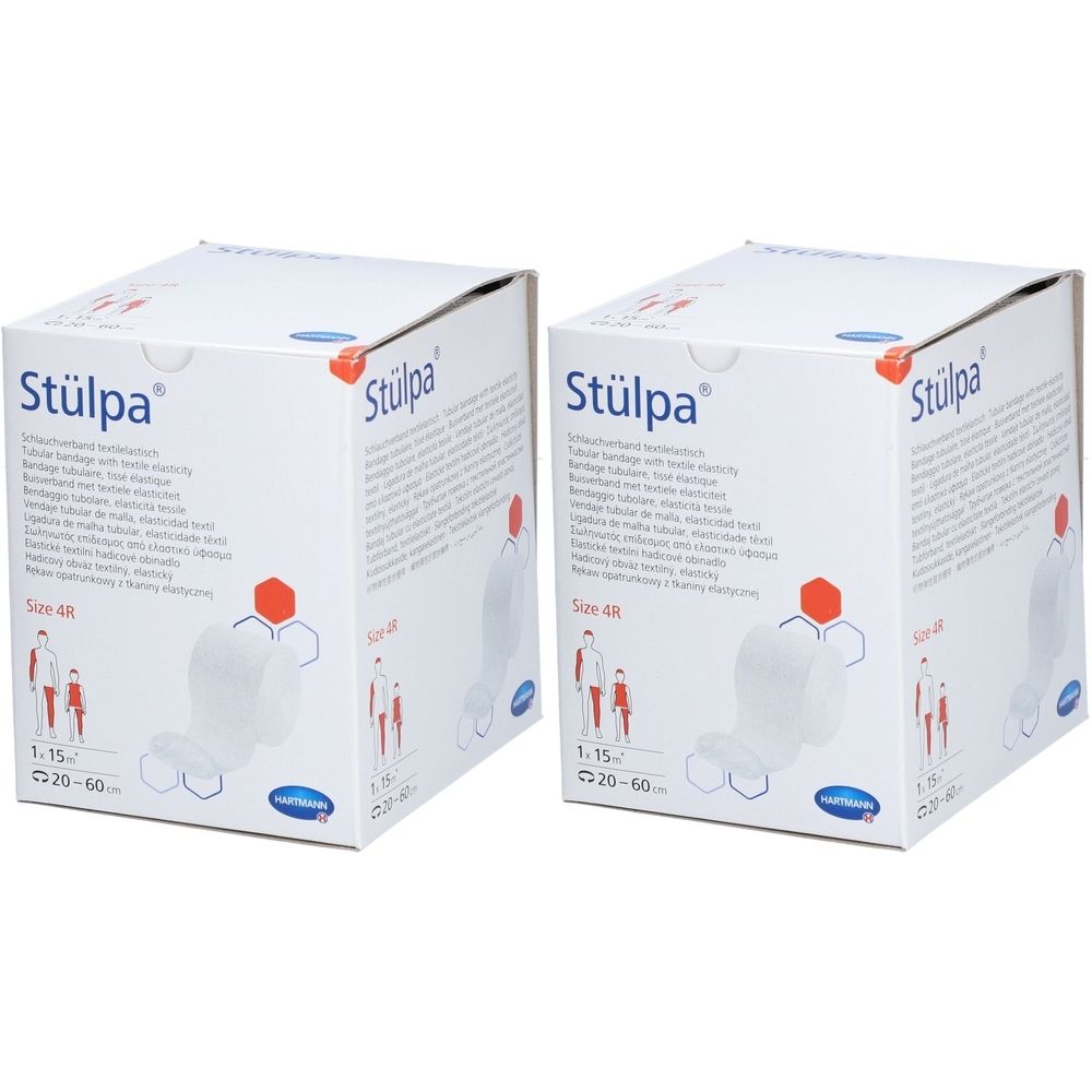 Zwei Kartons Stülpa® Verbandsrolle. Aufdruck: Stülpa, Größe 4R, 1-15, 20-60. Weiße Verpackung mit Produktabbildung und Text.