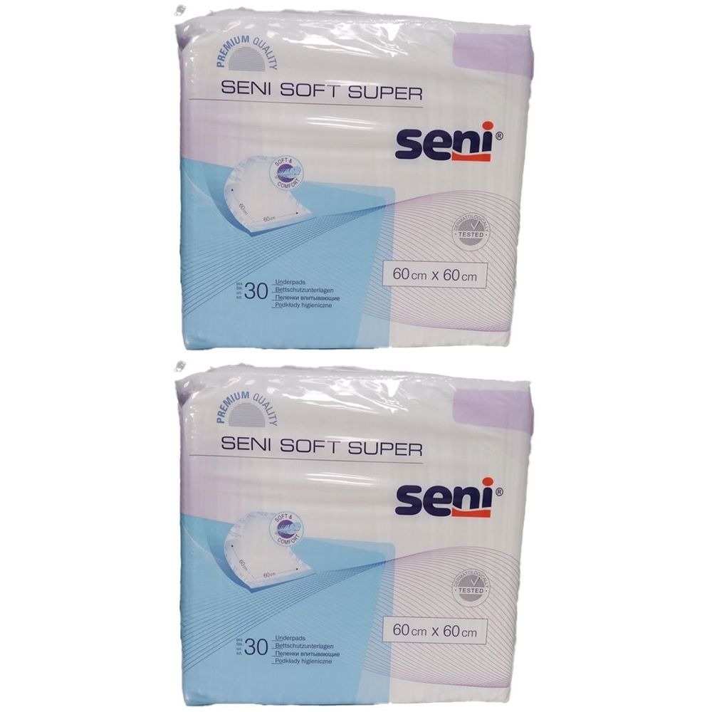 Verpackung mit SENI SOFT SUPER Betteinlagen. Größe 60x60 cm. Packung mit 30 Stück. Marke Seni.