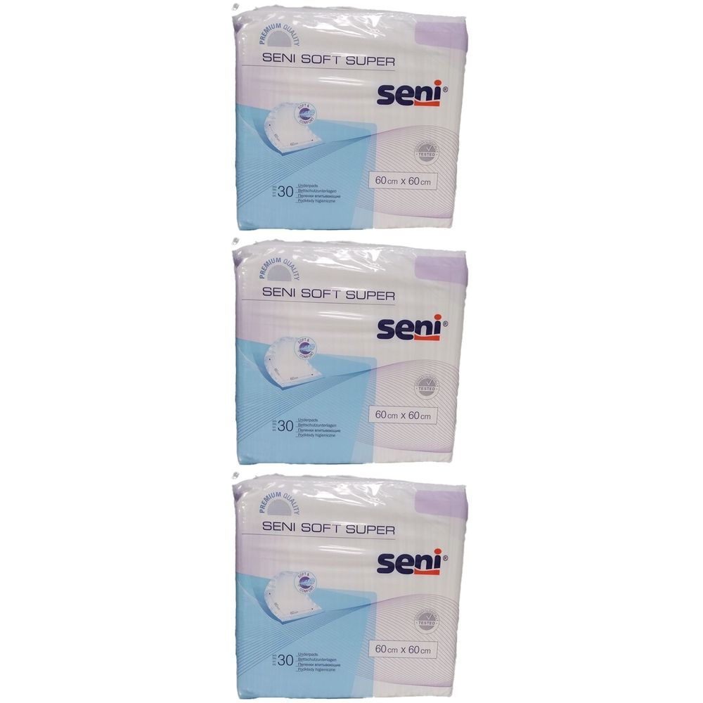 Drei Packungen Seni Soft Super Betteinlagen. Jede Packung zeigt das Seni-Logo, die Größe 60x60 cm und die Anzahl 30.