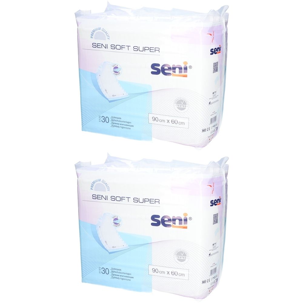 Zwei Packungen SENI SOFT SUPER Alèses. Aufschrift: 90 cm x 60 cm. Marke Seni. Verpackung mit 30 Stück.