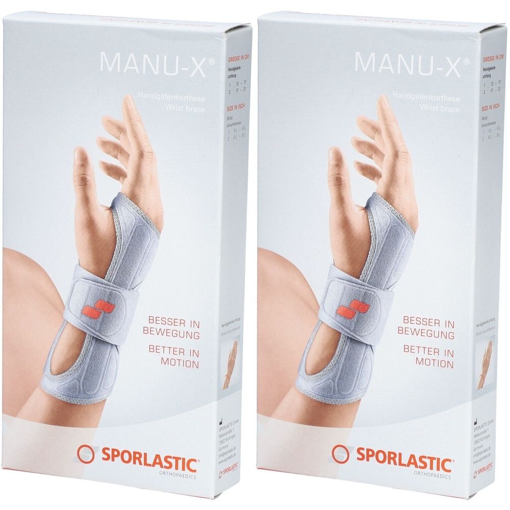 Zwei Verpackungen mit Handgelenkbandage. Aufdruck: MANU-X, SPORLASTIC. Abgebildet ist eine Hand mit Bandage. Text: Besser in Bewegung, Better in Motion.