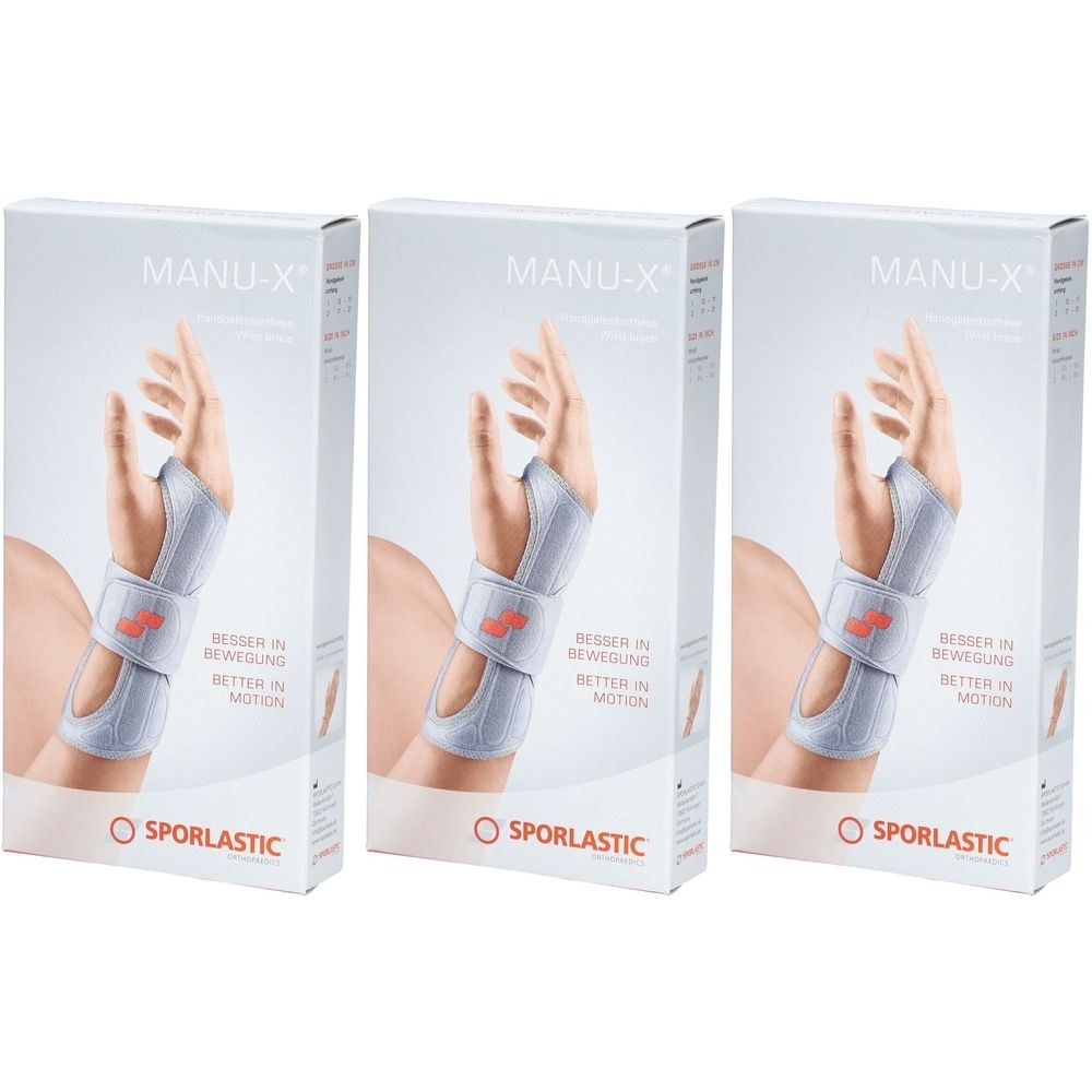 Drei Produktverpackungen von SPORLASTIC Manu X. Jede Packung zeigt eine Hand mit Handgelenkbandage. Text: MANU-X, SPORLASTIC.